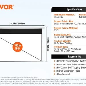 VEVOR Motorized Projector Screen 100/120 inch